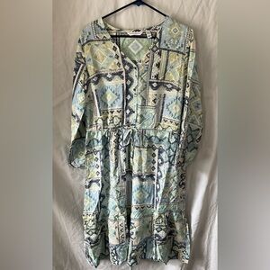 Canyon retreat Blue and Green Long Sleeve tiered midi dress LP new